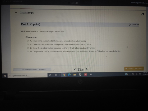 Homework 12/11/20 jmavw2@umsystem ed 1st attempt Part 1 (1 point) See Hint Which statement is true according to the article?