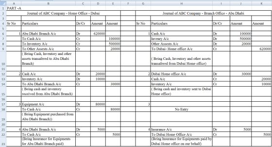 B C D E F G H J K А | 1 PART -A Journal of ABC Company - Home Office - Dubai Journal of ABC Company - Branch Office - Abu Dha