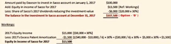 Amount paid by Dawson to invest in Sacco account on January 1, 2017 Add: Equity in income of Sacco for 2017 Less: Share of Sa