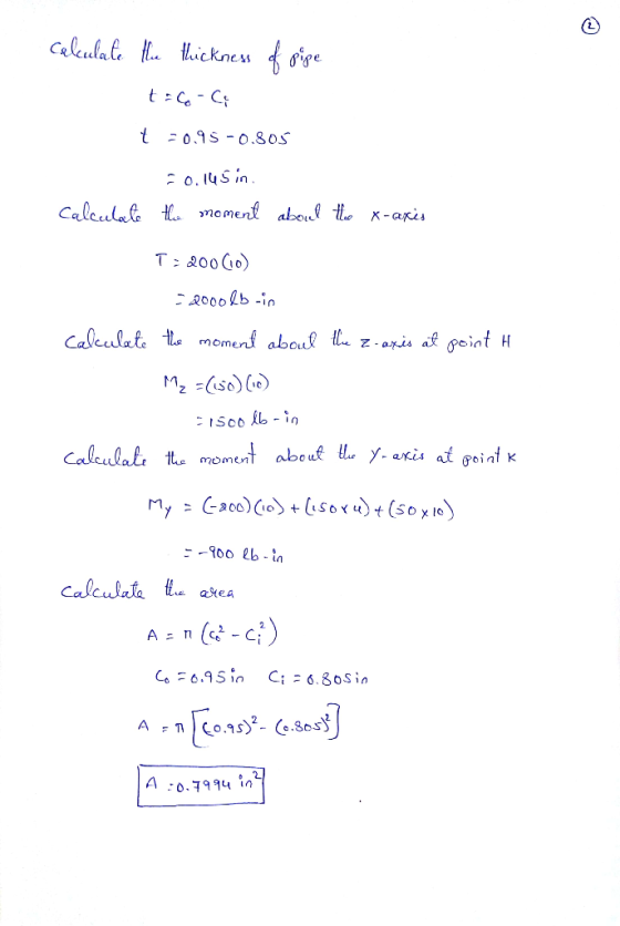 calculate the thickness of pipe t=6-Ci t -0.95 -0.805 0.145 in. Calculate the moment about the x-axis T:200(0) = 2000lb-in ca
