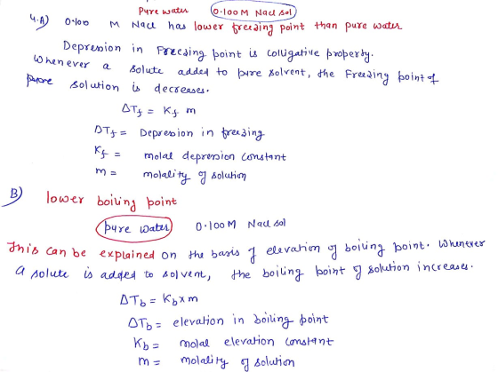 Pure water 6.1oom Naul sol 4.A 0-100 M Nace has lower freeaing point than pure water Depression in Freezing boint is colligat