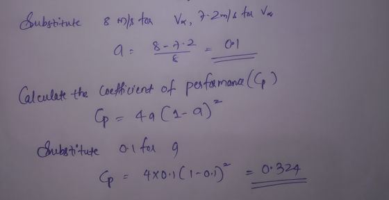 Substitute 8 m/s tor Vx, 7.2m/s for Va a = 8-9-2 - 01 Calculate the Coefficient of performance (6) Cp = 4a Ca- a) a Substitut