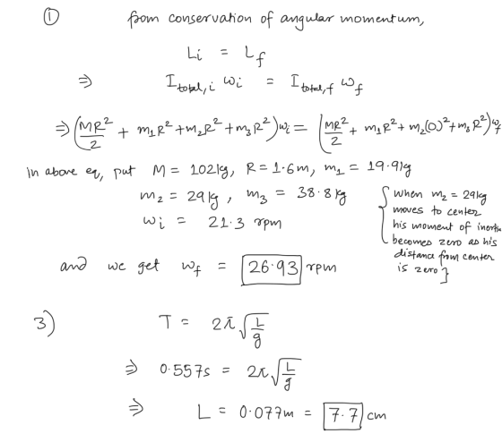 foom conservation of angular momentum, Li = lf I total, i wi = I total, f of => MR? + me pé tmyp?tmy pa) = (m2+ mopºt m_(Q)*