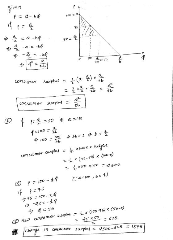 given P=a-bd 100 - 50= 크을 = ab9 | 을 - a = -5g | 키 - - - | 능에 뜸 W consumer serplus = 2 (a-q) x 2 4 | - 글 = consumer surplus =