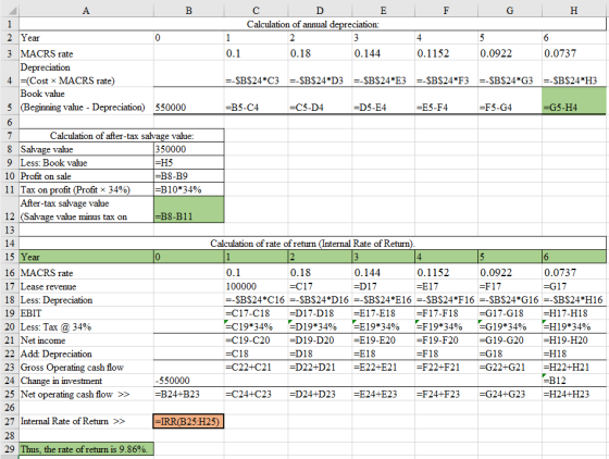 А C E F G Н Calculation of annual depreciation: 1 2 Year 1 2 3 4 6 3 MACRS rate 0.18 0.144 0.0922 0.1 0.1152 0.0737 Depreciat
