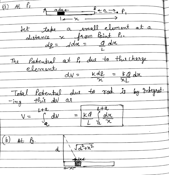 1 dret B ta a) At P P. lan set take small element at a distance from Point Pro dq= ddr = a dne L The Potential at P due to th