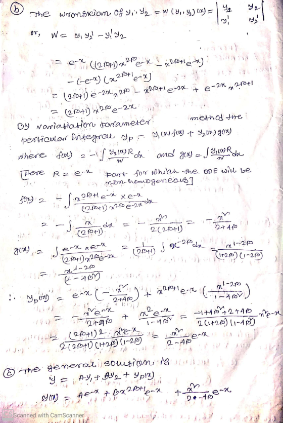 te-2x 2pel 2.-toen b est Yr the wronskian of y,; 4 =WCY, Y₂) (x) = Or, W = y, yly,n = e-x x (121) x2 Pe-x 2 + 2x) - (-ex) (2