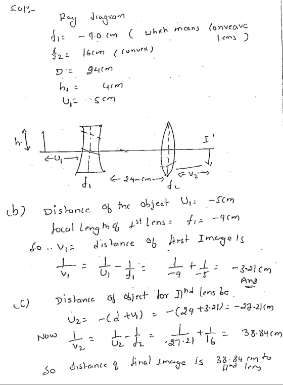 Sol- Conveaue lems ) Ray diagram die f2= 16cm De 94cm he 4cm 0,- 5cm - 9.0cm ( which means (convex) hil 7 tu E24-cm -sim di d