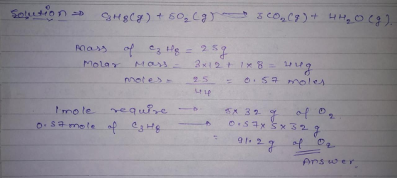 Solution H8 (8) + 50 cgr CO₂(g) + 4H₂O(9) mass of ez Hg = 259 Molar Mass = 3x12 + 1x 8 = 249 moles - 25 - 0.57 moles 44 Imol