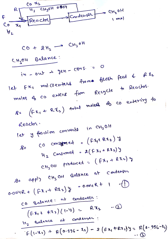 R Co d2 H2 CHOOH 0.004 CH, OH Reactor Condenser I moj Co 24 He co+ 2 H₂ CH, OH CH₂OH Balance: in out a gen at gen - cons. R 2