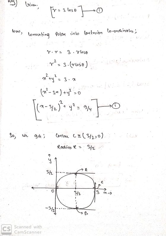 Any) briven, r=3 loso Now, Co-ordinates; converting Polar into Cartesian gora 3.8loso 2 Y - 3.21 = 3.(rloso ) n²ty²= (m?-3m)