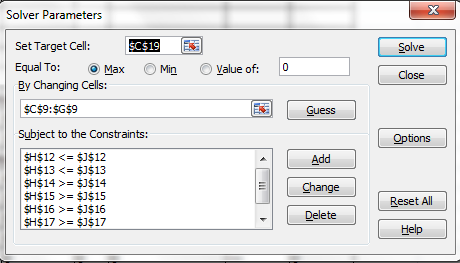 Solver Parameters 6 Solve value of: 0 Close R Guess Set Target Cell: $C$19 Equal To: Max Min By Changing Cells: $C$9:$G$9 Sub