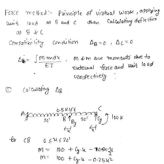 Force methods Principle of virtual wook, applying amit load at B and c then calculating deflection - at B&C compatibility co