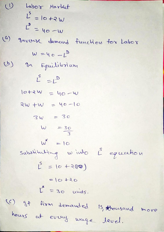 Labor Market L = lot2w Ľ = youw () for Labor inverse demand function w=40 - In Equilibrium (6) lotaw = 4o-w aw tw = 4o-10 3W