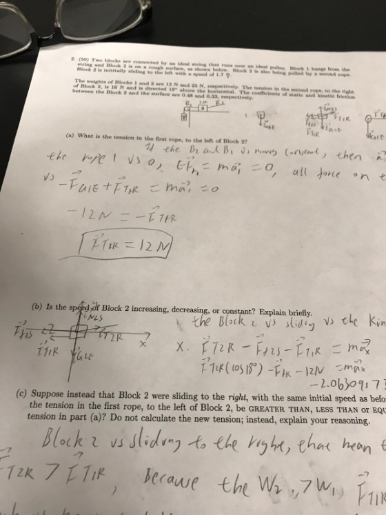 2. (50) Two blockn are connected by an Ideal string that rns over an Ideal plley lock 3 hang from the string and Block 2 is o