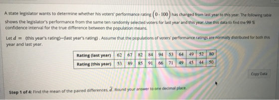 A state legislator wants to determine whether his voters performance rating (0-100) has changed from last year to this year.