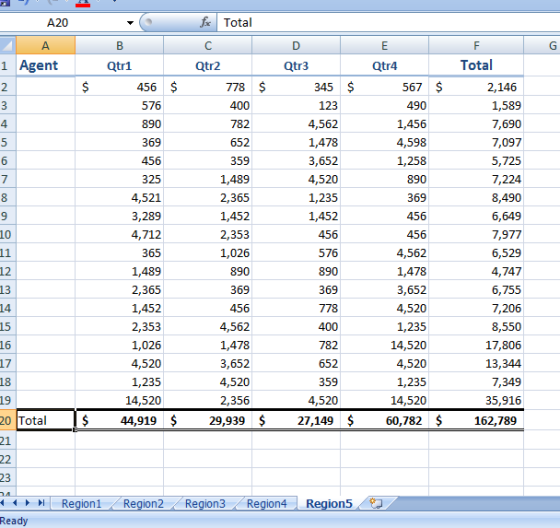 A20 fic Total B с D E G A 1 Agent 2 F Total Qtr2 Qtr3 Qtr4 $ Qtr1 456 $ 576 345 $ 567 $ 778 $ 400 3 123 490 4 890 782 5 369 6