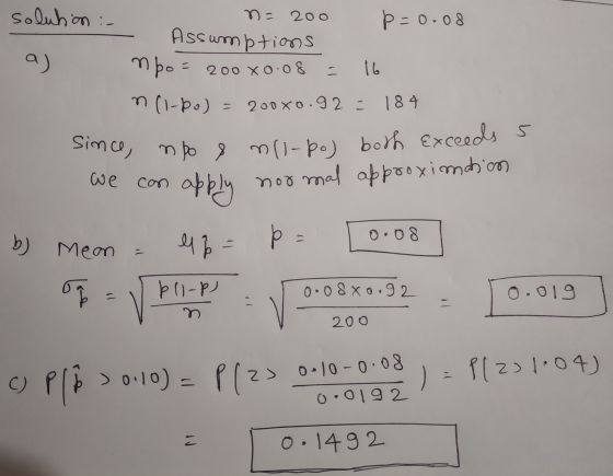 n = 200 = 16 Since, npo 8 nll-po) both exceeds solution :- p=0.08 Assumptions a) npo = 200 00:08 n(1-bo) 2008o.92 = 184 apply