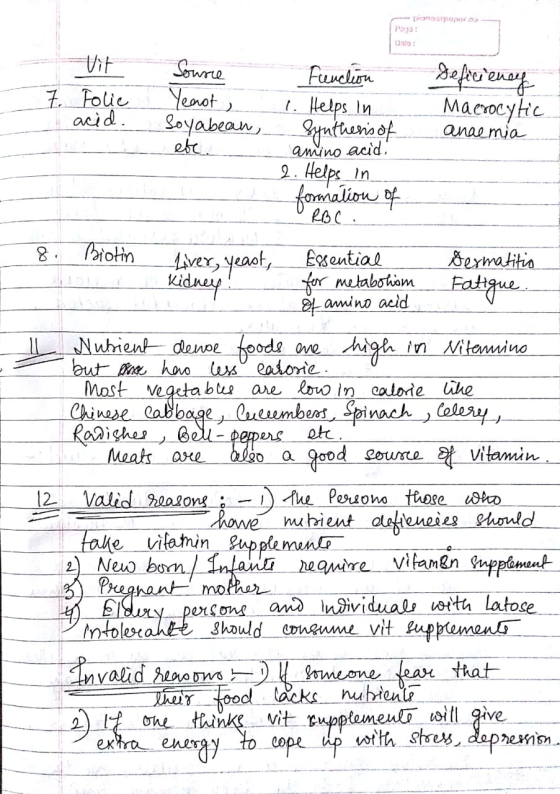 On: 7. Vit Folie acid. Source Yeast Soyabean, Deficiency Macrocytic anaemia etc. Function 1. Helps in Synthesis of amino acid