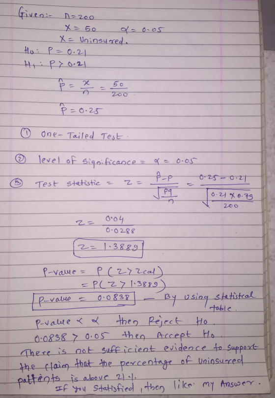 Given: n=200 n=200 X = 50 q= 0.05 X = Uninsured. Ho: P = 0.21 HP 7 0.21 Å=0 50 200 P=0.25 0 one-Tailed Test. level of signifi