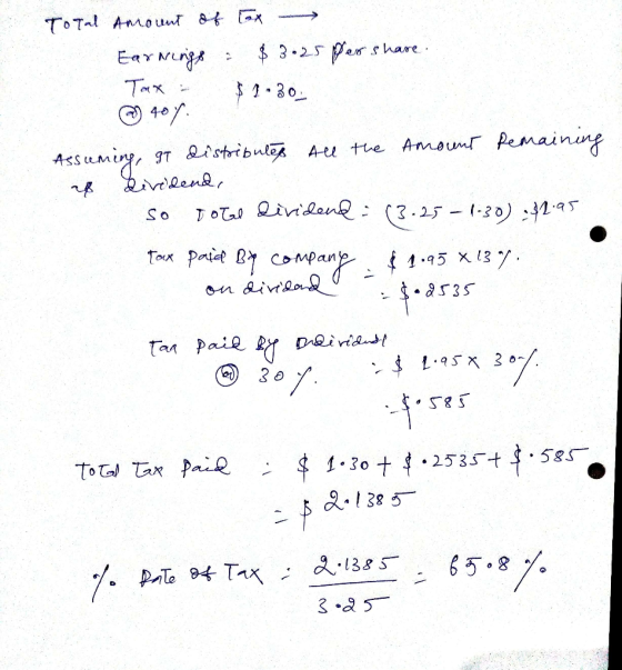 Total amount of tox Earnings : $3.25 per share. Tax $1.30 @ 407. Assuming, at distributes all the amount Remaining 28 dividen