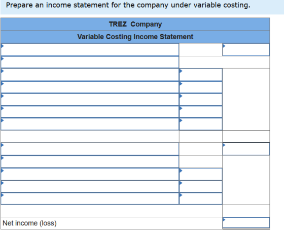 Prepare an income statement for the company under variable costing. TREZ Company Variable Costing Income Statement Net income