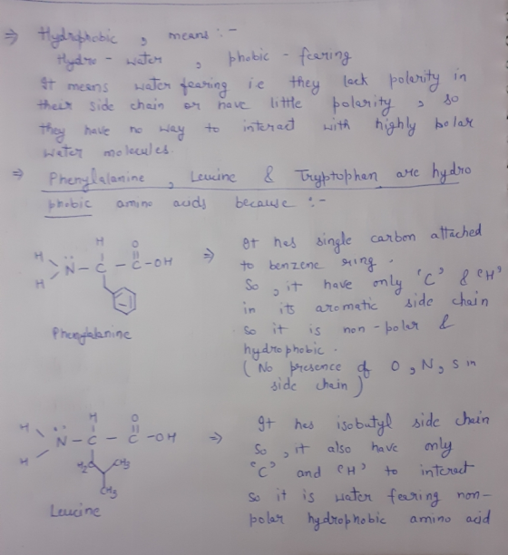 DO N- Ć-Ć-OH » Hydrophobic means :- Hydro - water phobic - fering It meens water fearing ie they lack polarity in their side