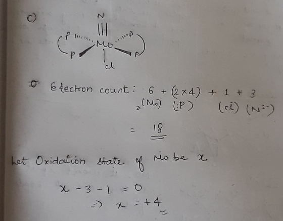 SZ 0 E techron count: 6 + (2x4) + 1 + 3 (Mo) (:P) (ci) (03-) - 18 hat Oxidation state of reo be a X -3-1 - -0 x = + 4