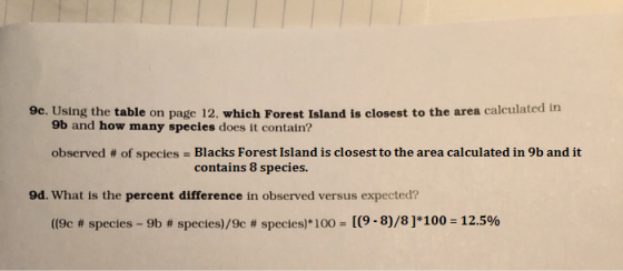 9c. Using the table on page 12, which Forest Island is closest to the area calculated 9b and how many species does it contain