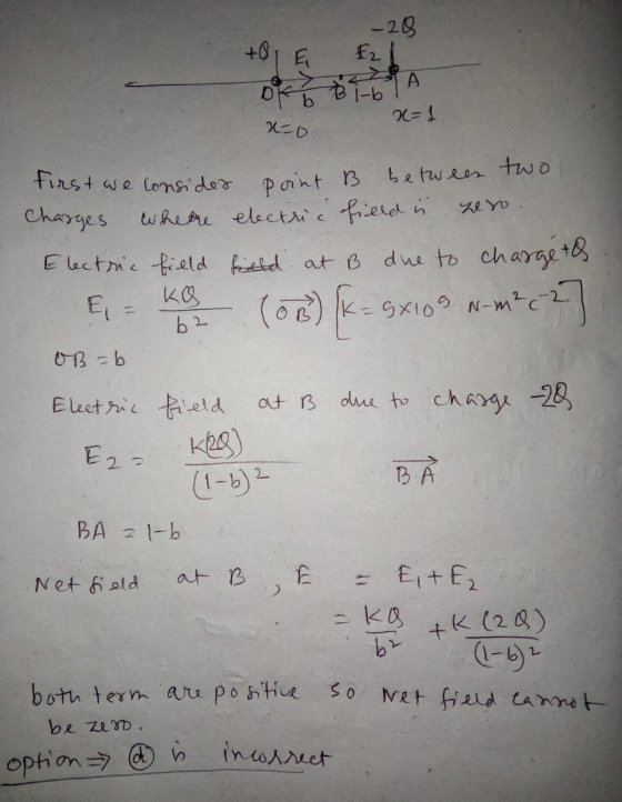 -28 E2 +01 E > ok b BA 2=1 x=0 Point B between two where electric field in Dro. first we consider Charges Electre filld fille