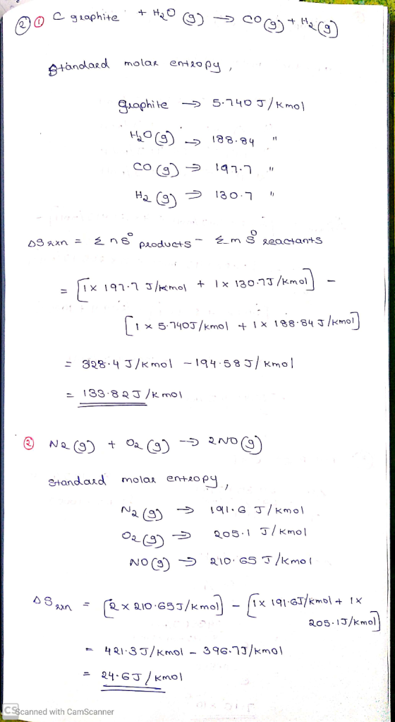 c graphite 20 C graphite + H2O S) -> cog) + H2 (g) deed molar entlopu mol 8 tandaed Geaphite > 5.740 J/Kmo .HO (9) -> 188.84,