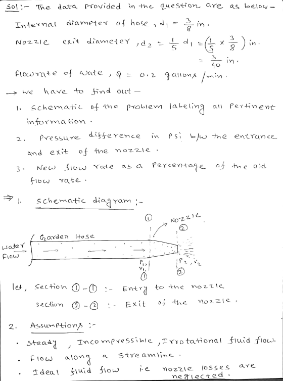 sol :- The data provided in the question are as below- - diameter of hose, di Internal 33 in ins 3 Nozzle exit diameter ,dze