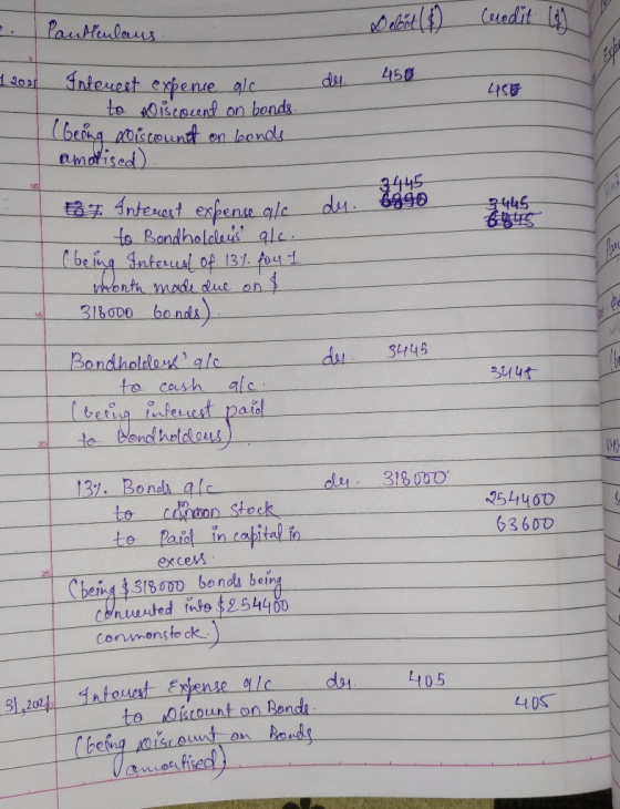 Pantheulaus. 1 2021 dy. 450 458 Interest expence alc to discount on bonds. (being discount on bonds amorised) 3445 dy. 6390 3
