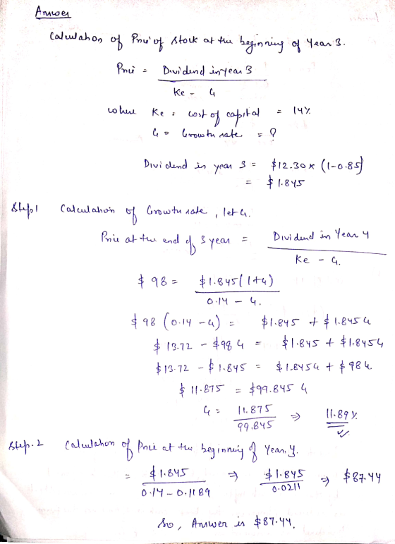 Anwar Calculahon of Prul of stock at the beginning of years. Pnie Dividend in year 3 Ke - G where Ke : cost of capital 14%. l
