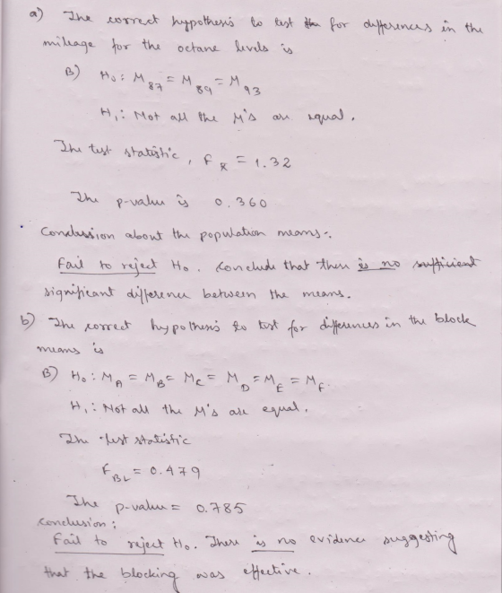a) The correct hypothesis to test the for differences in the mileage octane levels is for the B) Hos M M 93 H,: Mot all the M