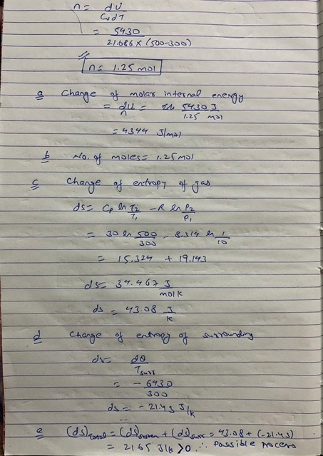 du CodT 5430 21.686 X (500-300) 1.25 mol Change of molar internal energy 1454303 1.25 mol - 4344 Ilmat b No. of moles= 1.25 m