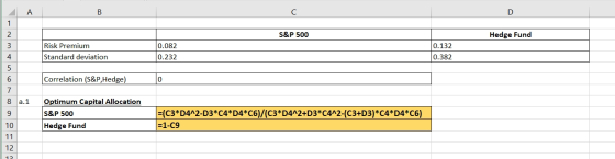 в S&P 500 Hedge Fund Risk Premium Standard deviation 0.082 0.232 0.132 0.382 Correlation (S&P, Hedge) 0 Optimum Capital Alloc