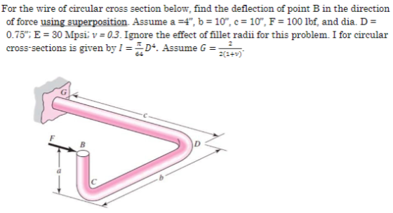 For the wire of circular cross section below. find the deflection of point B in the direction of force using superposition. A