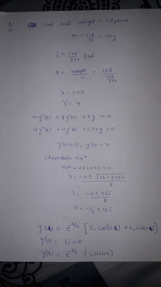 128 pound and Steel steel ball weight öll m = 128 32 m = 128 uky L=128 feet 577 K = Weight 128 こ 128 577 x=577 X= 4 myl (t) +