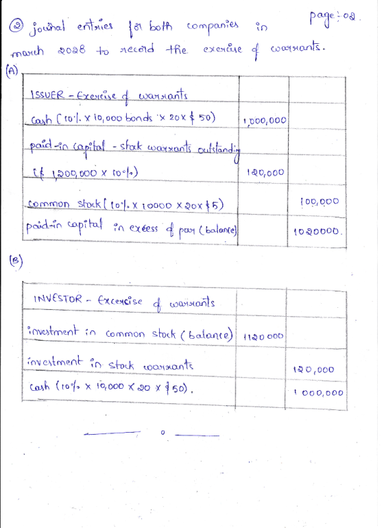 102 journal entries for both companies in Page os march 2018 to record the exercise of warrants. ISSUER - Exercise o warstant