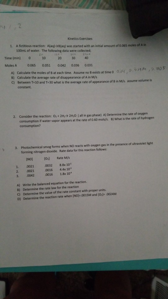 42 Kinetics Exercises A fictitious reaction: A(aq) B(aq) was started with an initial amount of 0.065 moles of A in 100mL of w