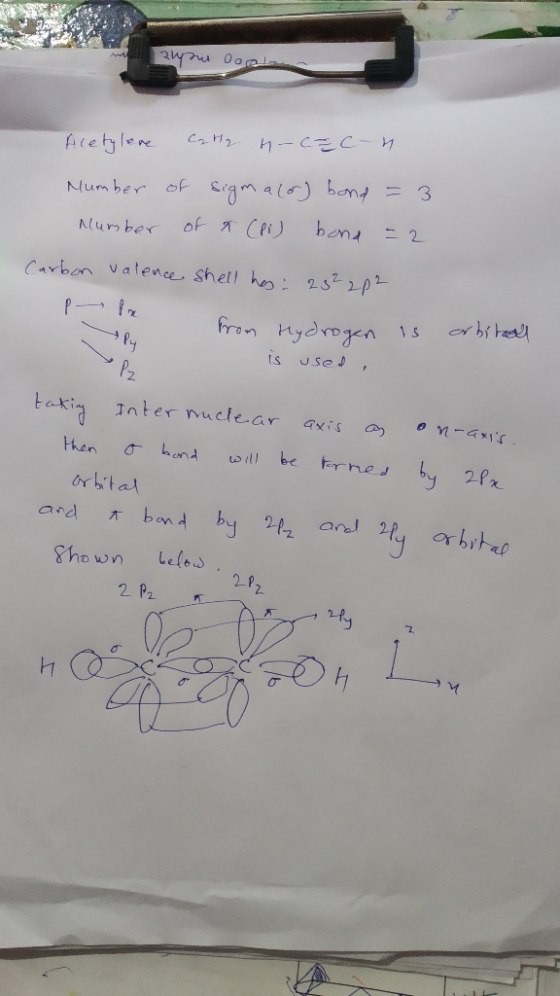 2 Doen Acetylene C H₂ n-c c -h. Number of sigm acord bond = 3 Number of a (Pi) band = 2 Carbon valence shell has: 232 212 Р —