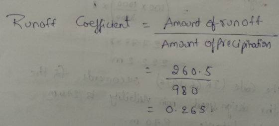 Runoff Coefficient = Amount of runoff ISFPF Amount of precipitation = 260.5 980 = 0.2651