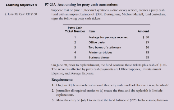 Learning Objective 4 P7-26A Accounting for petty cash transactions Suppose that on June 1, Rockin Gyrations, a disc jockey s