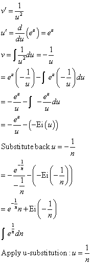 1 = V= =-- -adu ---9--- du 12 (-Ei(u)) Substitute backu = - 72 4(+18) 72 = e *x+Ei Jedin 1 Apply u-substitution :u=-