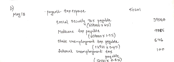 50201 May is 39540 payroll tax expense cocial security Tax payable Medecare tax payable (659000 X 1.5%) state unemployment ta