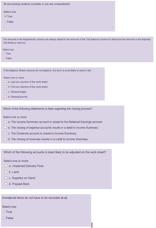 All accounting systems currently in use are computerized Select one True False The amounts in the Adjustments Columns are alw