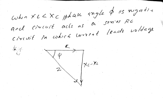 a senes RC when XL L Xciphash angled is nigatie and circuit acts as circuit in which current leads voltage R > q 1xc-XL 3