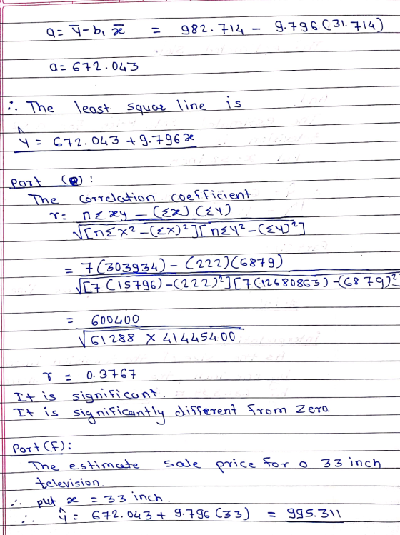9 - Y-biz - 9.796C31. 714) 982.714 - a: 672.043 :. The least squar line is Y=672.043 +9.796 port The (e) : correlation coeffi