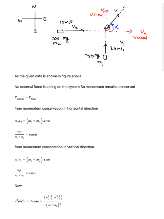 N usina 10 15m AS V2 S Vn Vcosa 900 mz 20ml 2om/s 750kg mi All the given data is shown in figure above No external force is a